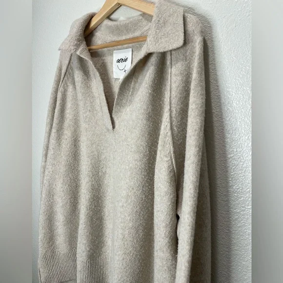aerie Cream Collared V-Neck Pullover Oversized Sweater Size Large - Picture 3 of 4
